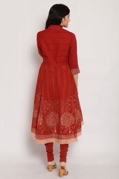 Red Cotton Asymmetric Kurta Churidar Suit Set image number 7