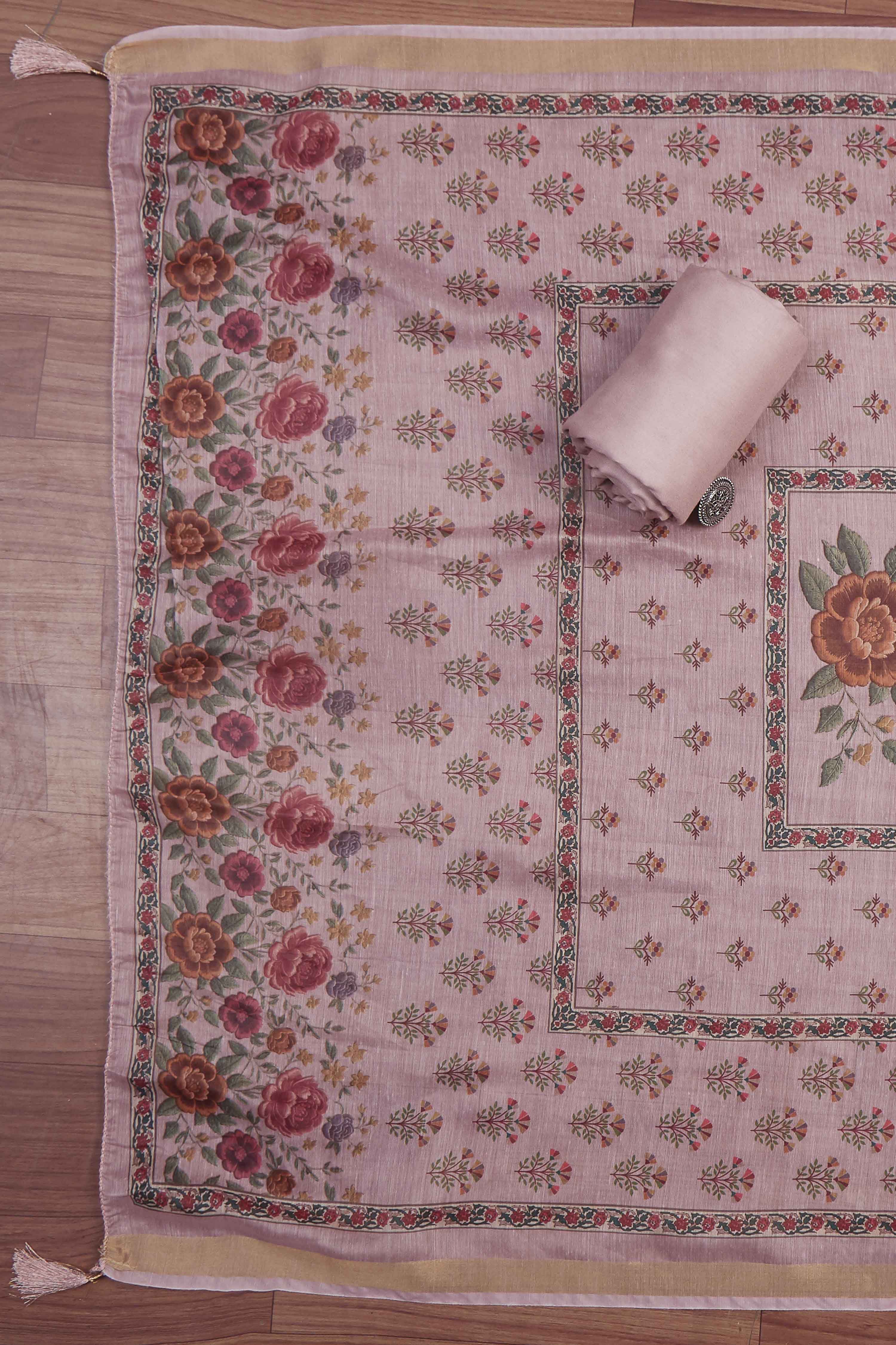 Pink Muslin Rajasthani Print Unstitched Suit Set image number 3