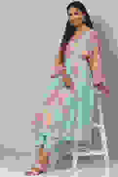 Sky Blue Cotton Flared Kurta Set image number 6