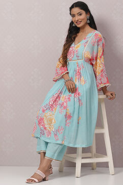 Sky Blue Cotton Flared Kurta Set image number 6