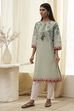 Beige and Blue Cotton Floral Straight Kurta image number 2