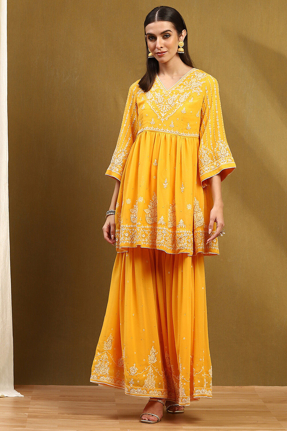 Yellow Georgette Gathered Suit Set image number 8