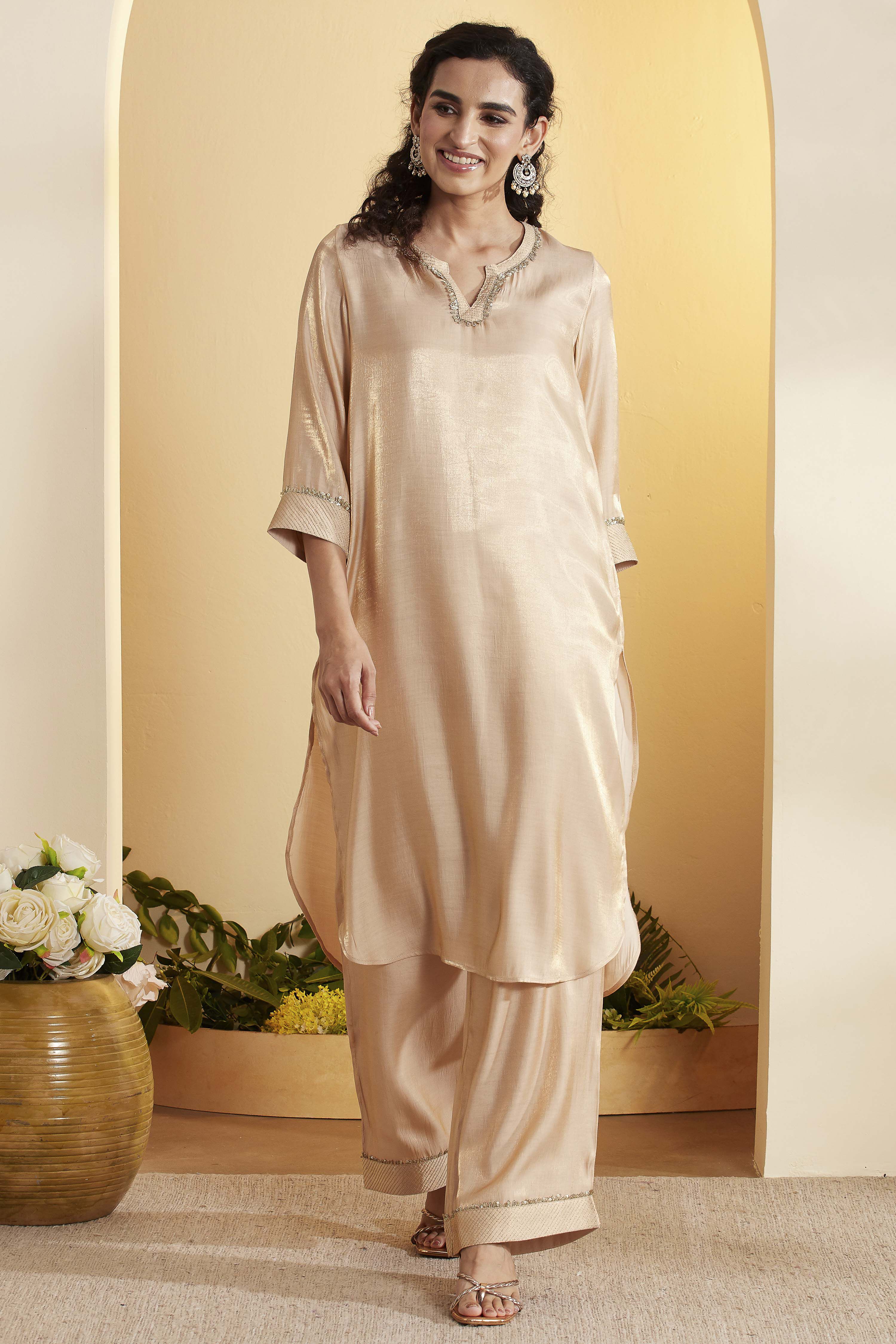 Beige Viscose Rayon Straight Kurta Pants Set image number 6