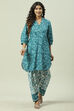 Teal Blue Cotton Straight Kurta Relaxed Salwar Suit Set image number 0