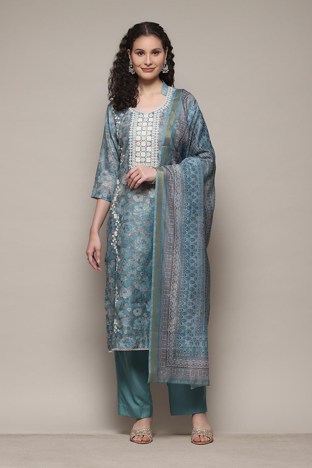 Blue Chanderi Unstitched Suit Set image number 1