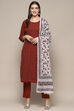 Beige Maroon Cotton Unstitched Suit set image number 8