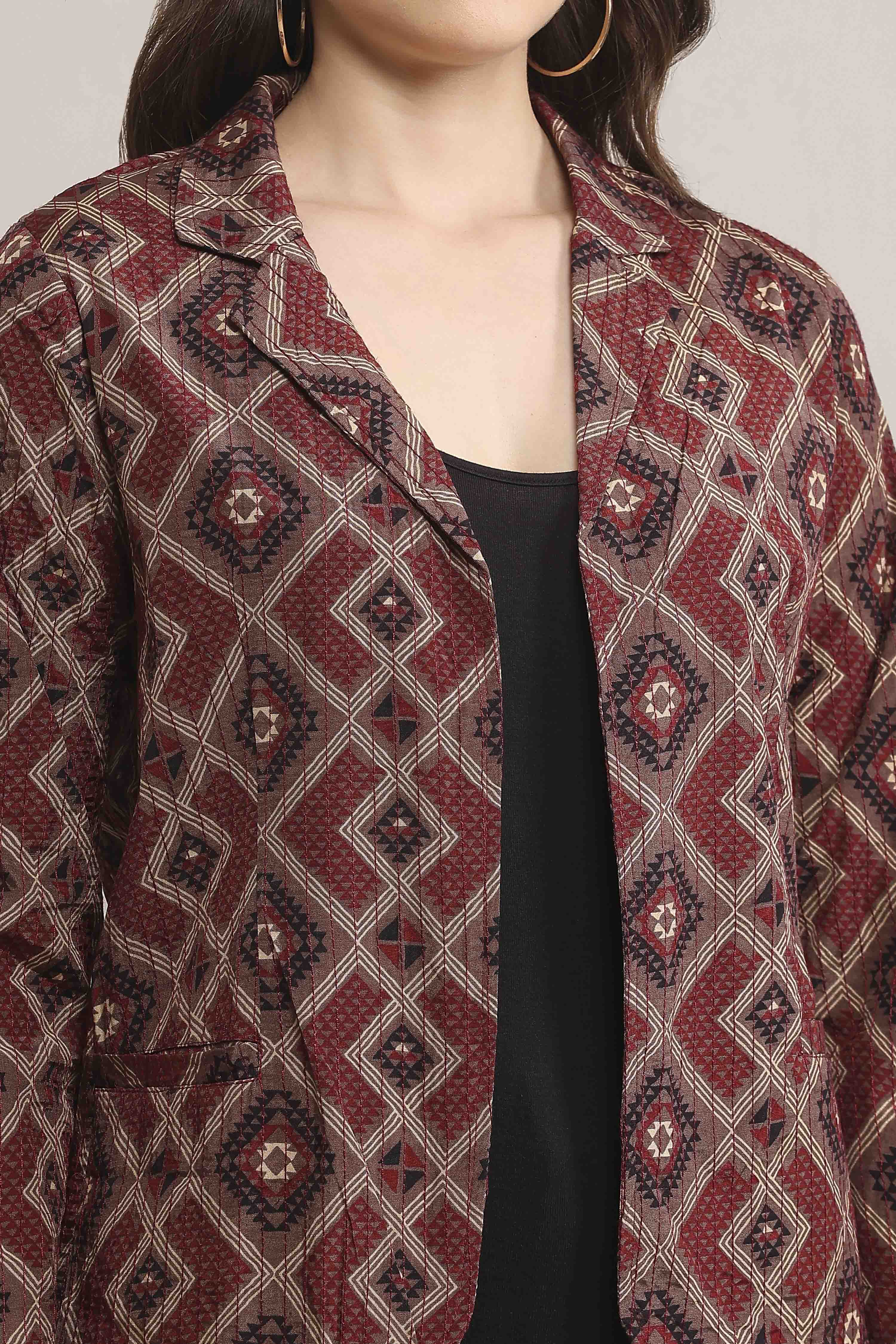 Black Viscose Straight Printed Jacket image number 1
