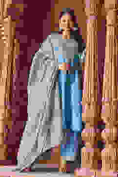 Earthy Blue Cotton Silk Straight Kurta Palazzo Suit Set image number 0