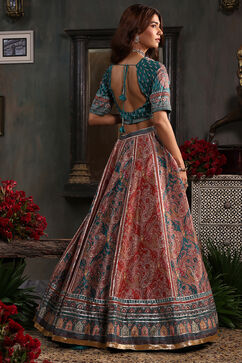 Turquoise Hand Embroidered Flared Lehenga Set image number 4