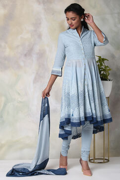 Powder Blue Cotton Asymmetric Kurta Churidar Suit Set image number 7