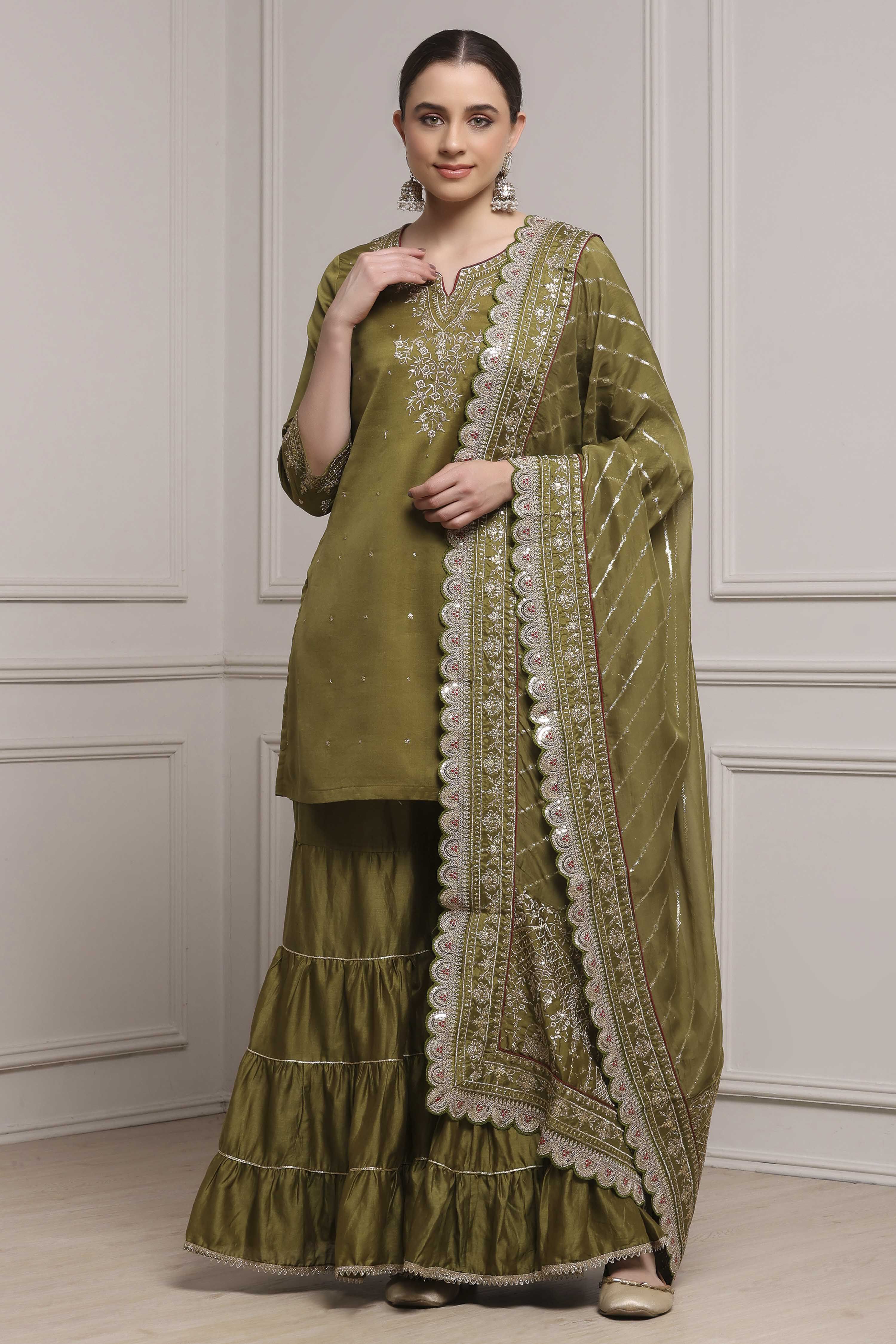 Mehndi Green Cotton Silk Straight Suit Set image number 1