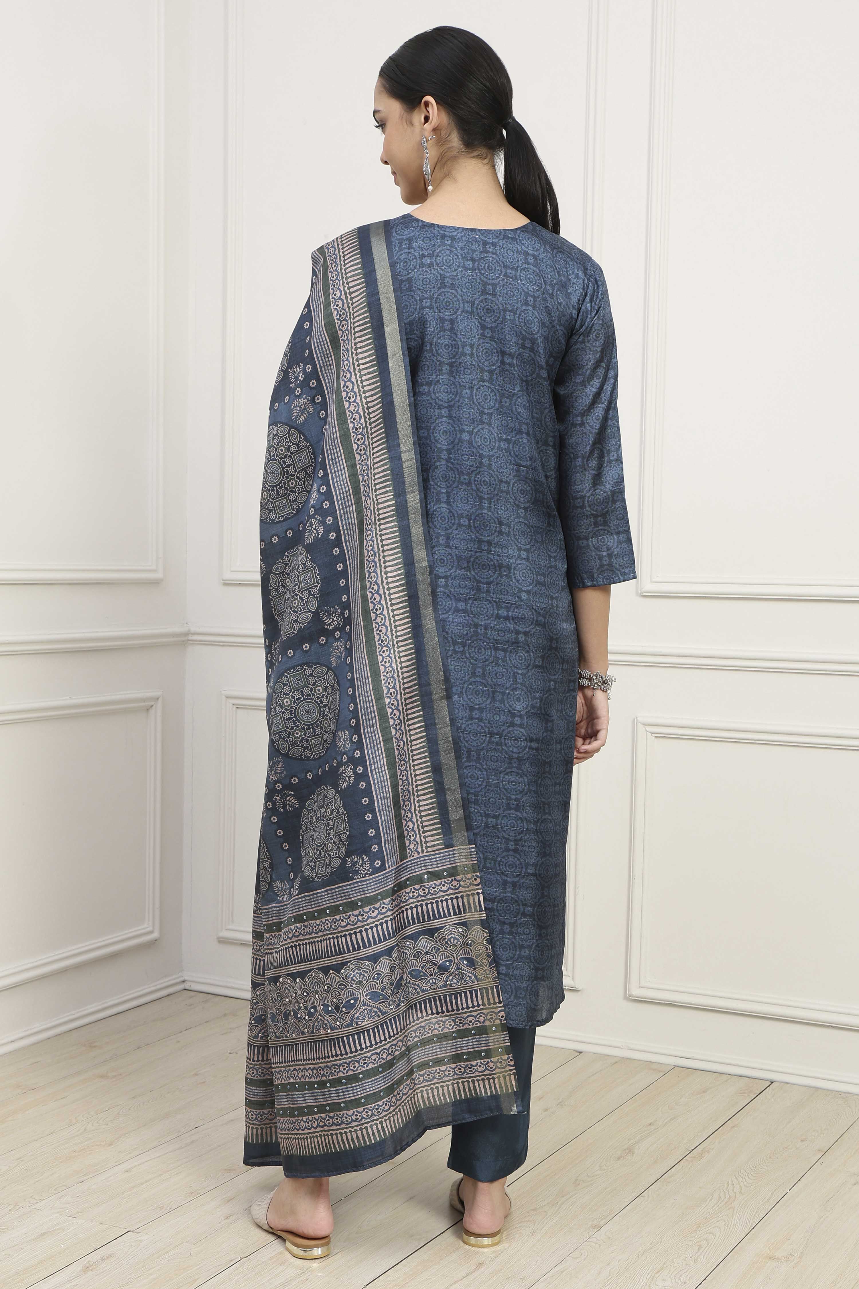 Mustard Silk Tussar Hand Embroidered Unstitched Suit Set image number 5