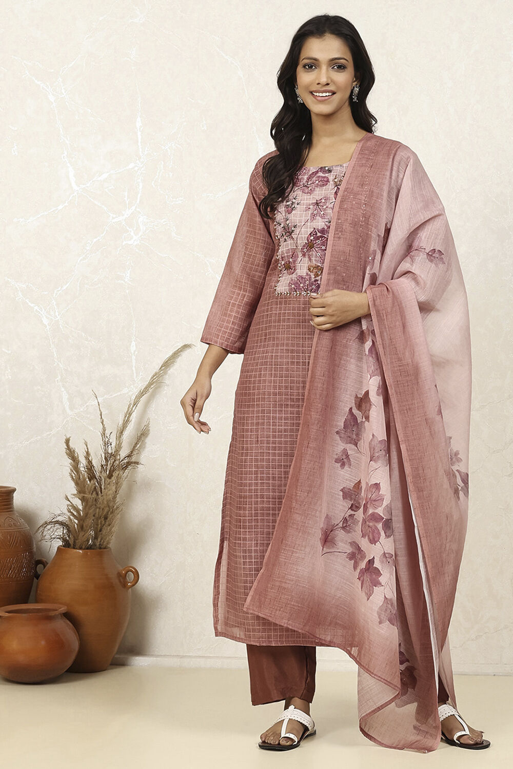 Lavender Linen Blend Hand Embroidered Unstitched Suit Set image number 1