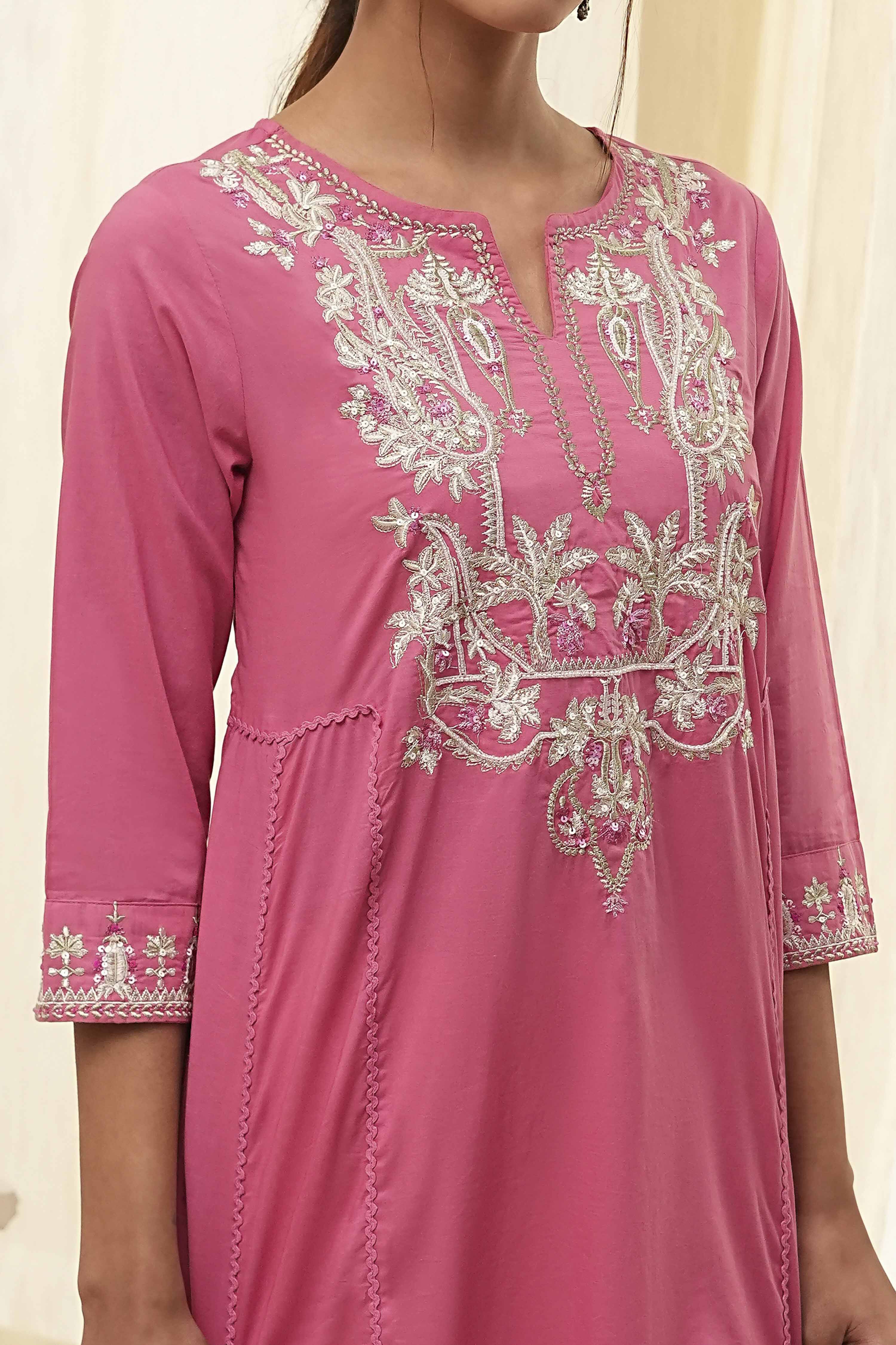 Pink Cotton Embroidered A-Line Kurta image number 1