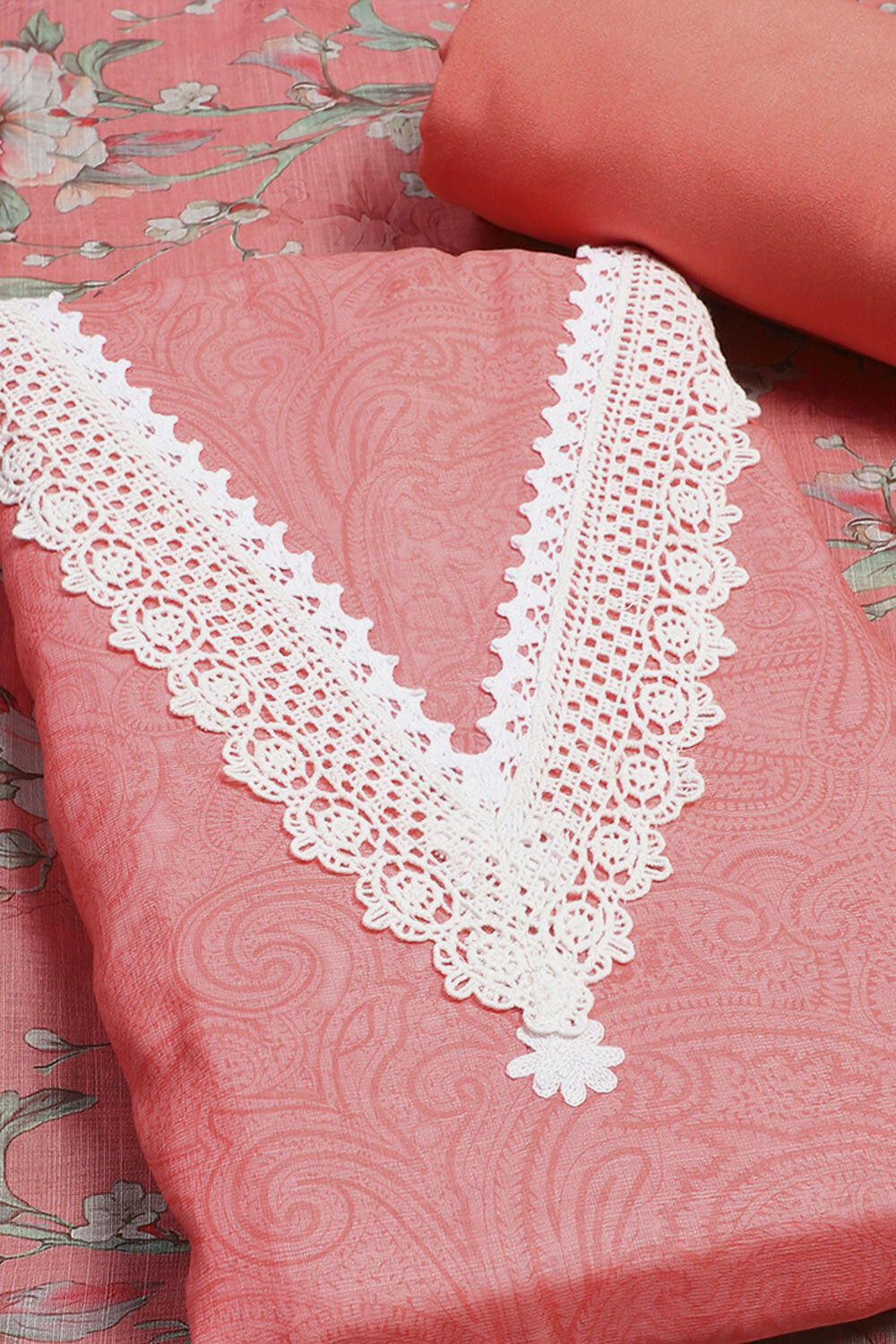 Salmon Pink Linen Digital Print Unstitched Suit Set image number 4