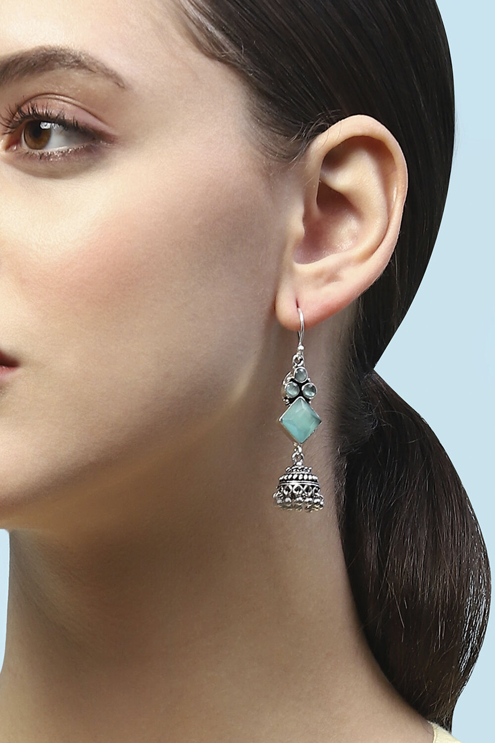 Mint Green Oxidised Stone Studded Geometric Jhumkas image number 3
