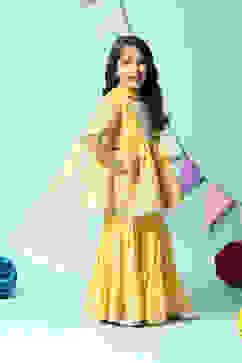 Yellow Cotton Blend Gathered Kurta Sharara Suit Set image number 6