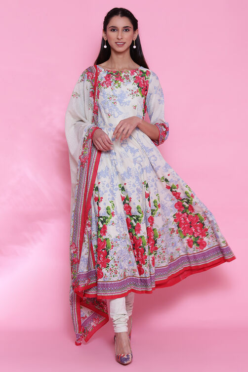 Cream Cotton Anarkali Kurta Churidar Suit Set image number 5