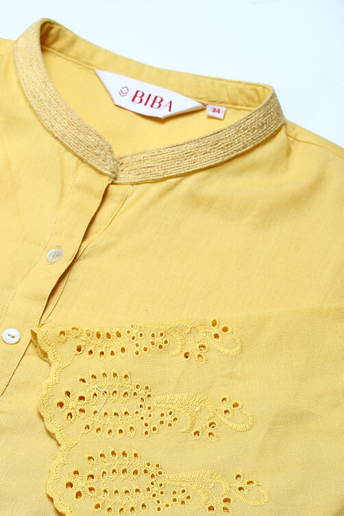 Yellow Cotton Flax Solid Kurti image number 1