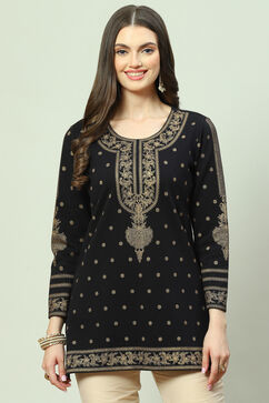 Black Poly Mettalic Straight Printed Kurti image number 0