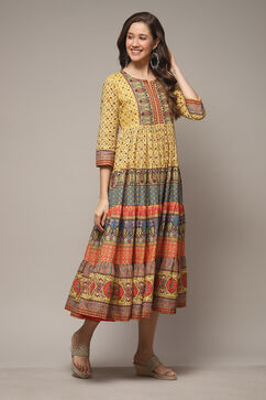 Lemon Yellow Cotton Tiered Printed Dress image number 4
