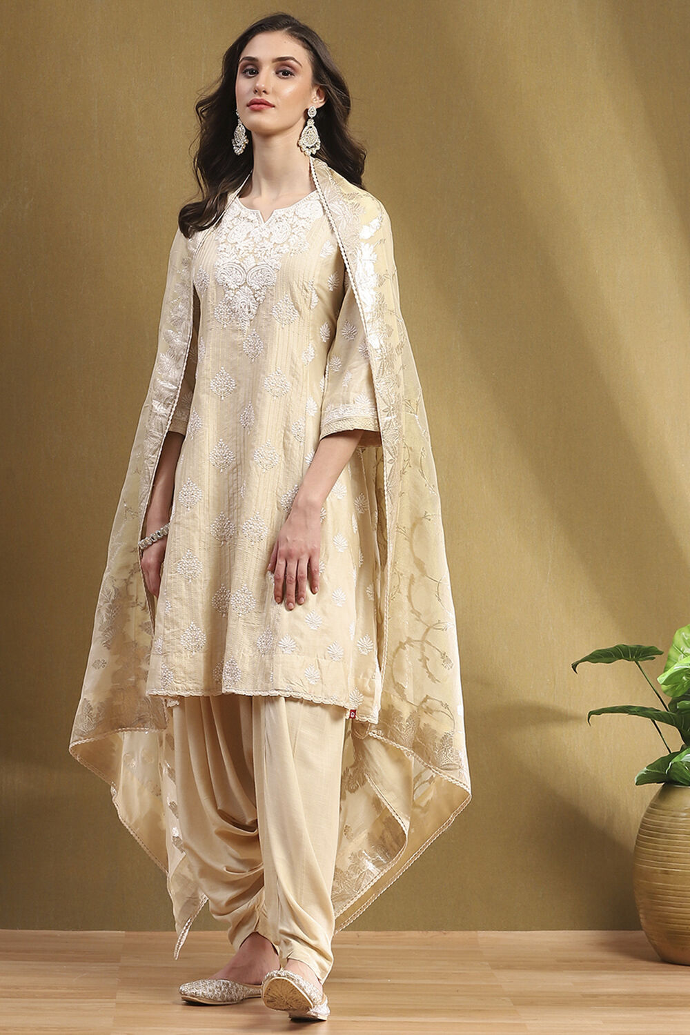 Beige Silk Chanderi Embroidered Kalidar Suit Set image number 0