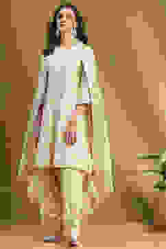 Beige Silk Chanderi Embroidered Kalidar Suit Set image number 0