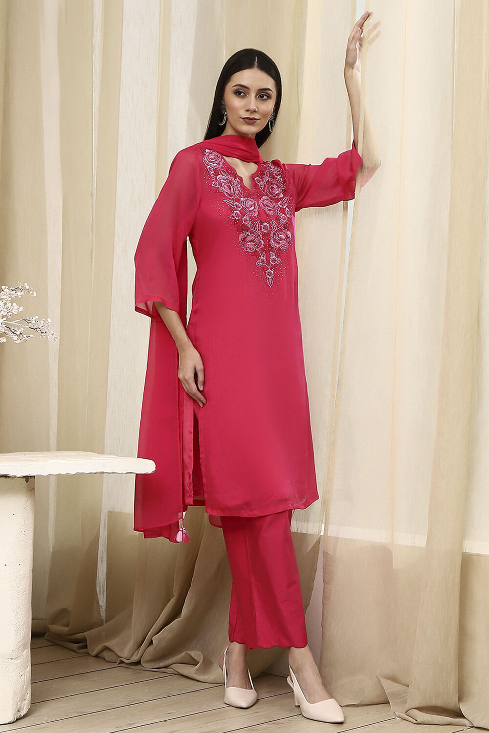 Fuchsia Embroidered Straight Suit Set image number 0