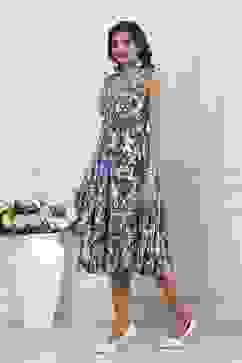 Blue Cotton Printed Kalidar Flared Dress image number 2