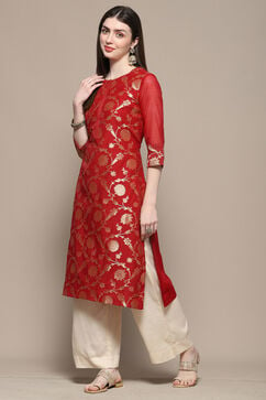 Red Polyester Straight Kurta image number 2