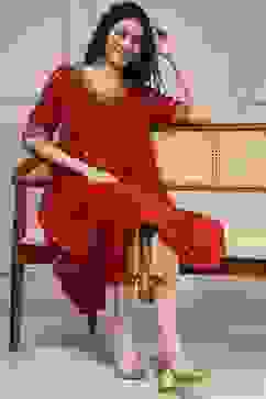 Red Printed Asymmetric A-Line Kurta image number 0