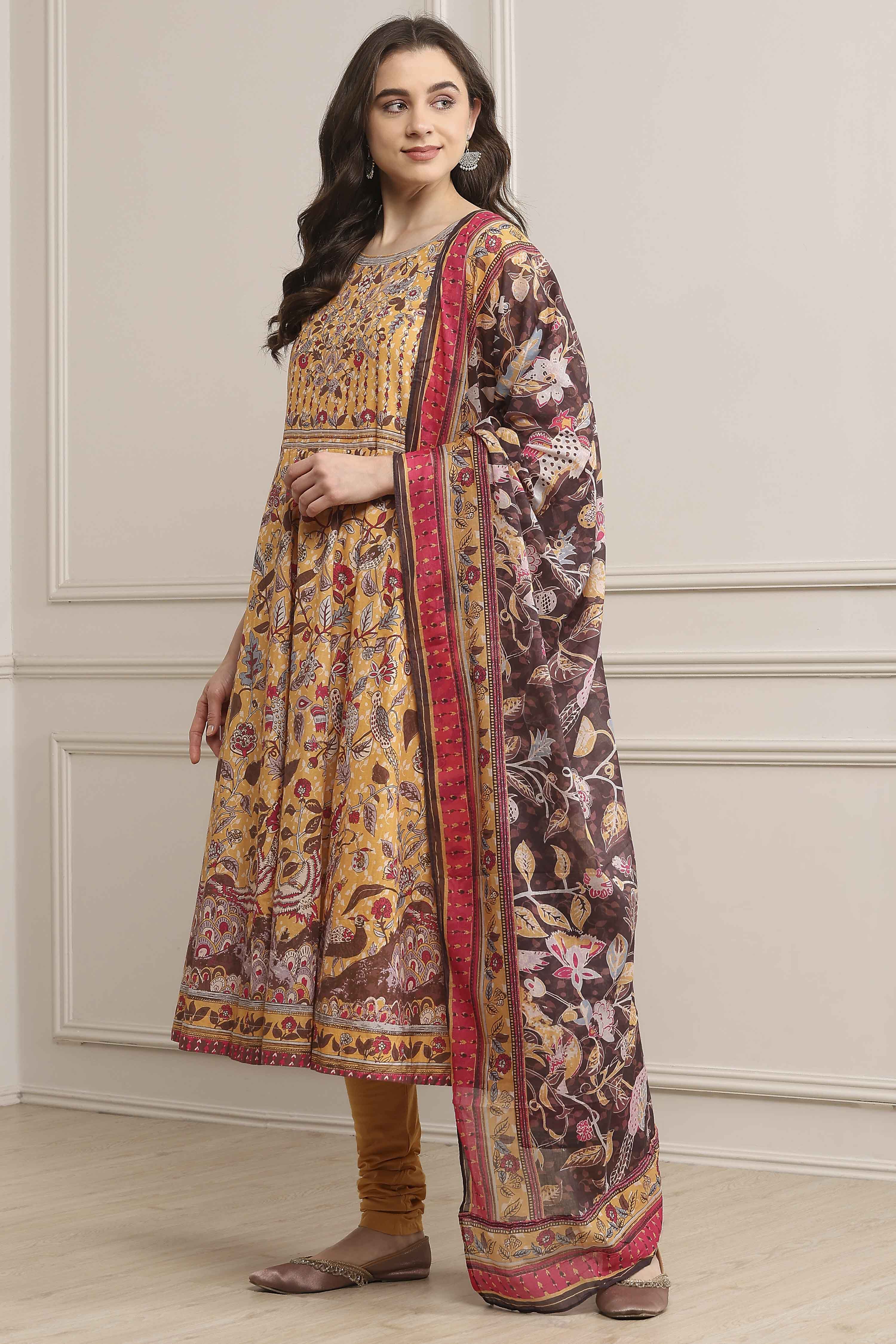 Beige Cotton Printed Anarkali Suit Set image number 3
