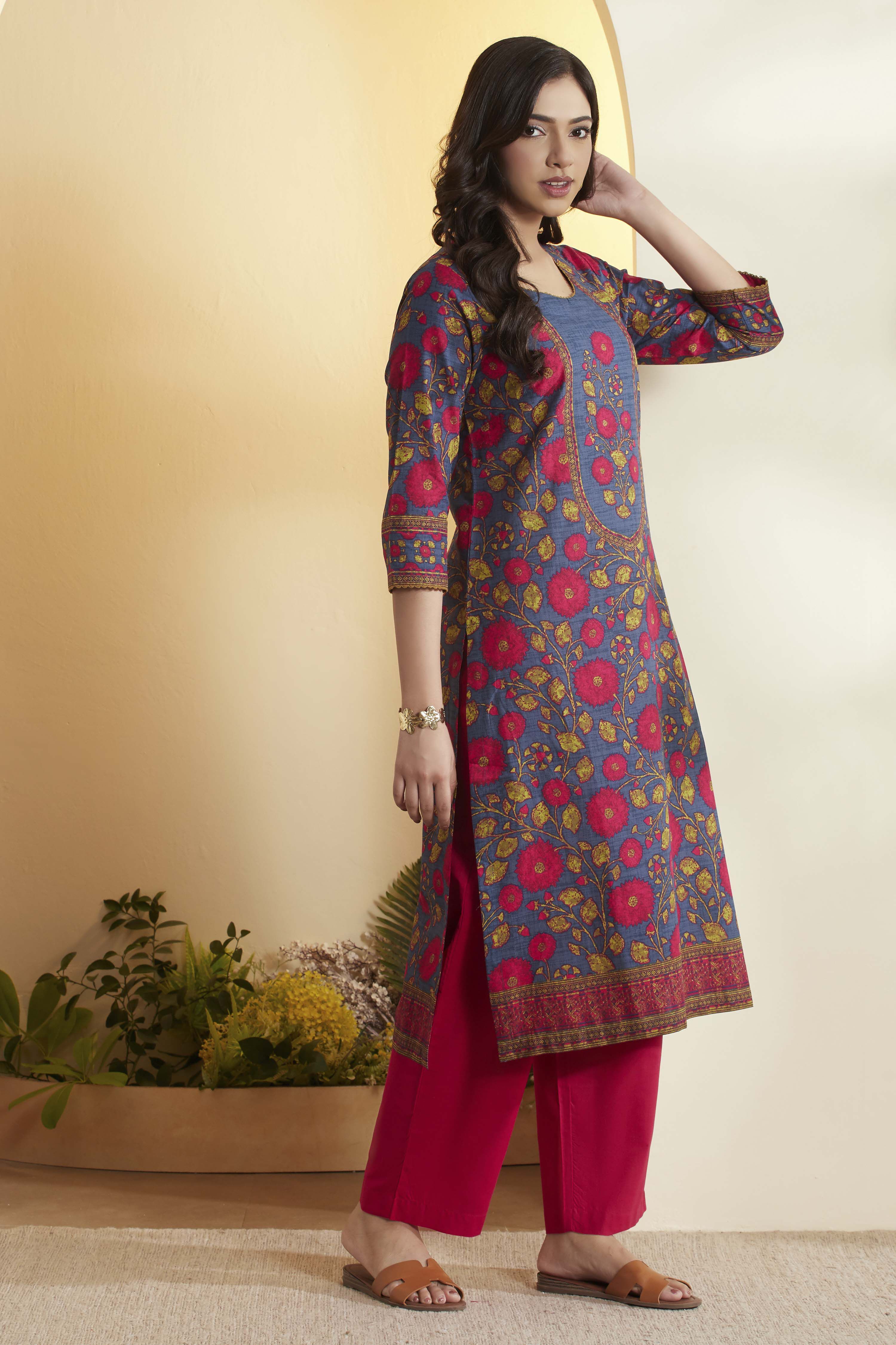 Blue Cotton Straight Kurta image number 3