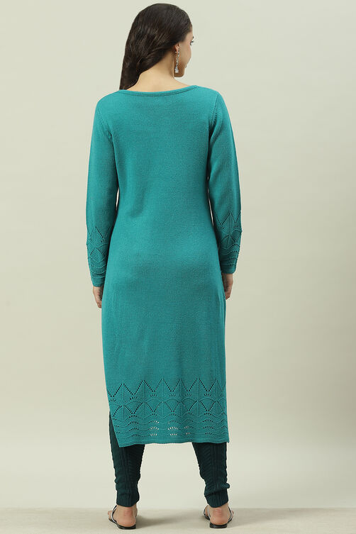 Aqua Blue Acrylic Straight Yarndyed Kurta image number 4