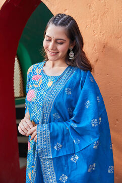 Teal Cotton Printed Anarkali & Churidar Suit Set image number 1
