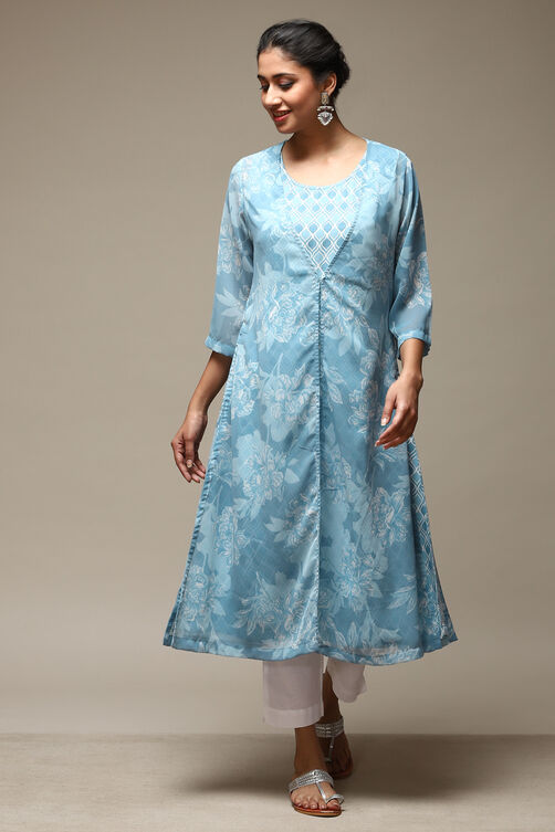 Teal LIVA Blend Straight Printed Kurta image number 6