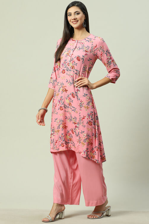 Pink Viscose A-Line Kurta Palazzo Suit Set image number 3