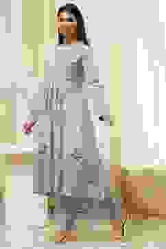 Dull Blue Cotton Flared Printed Kurta Set image number 3