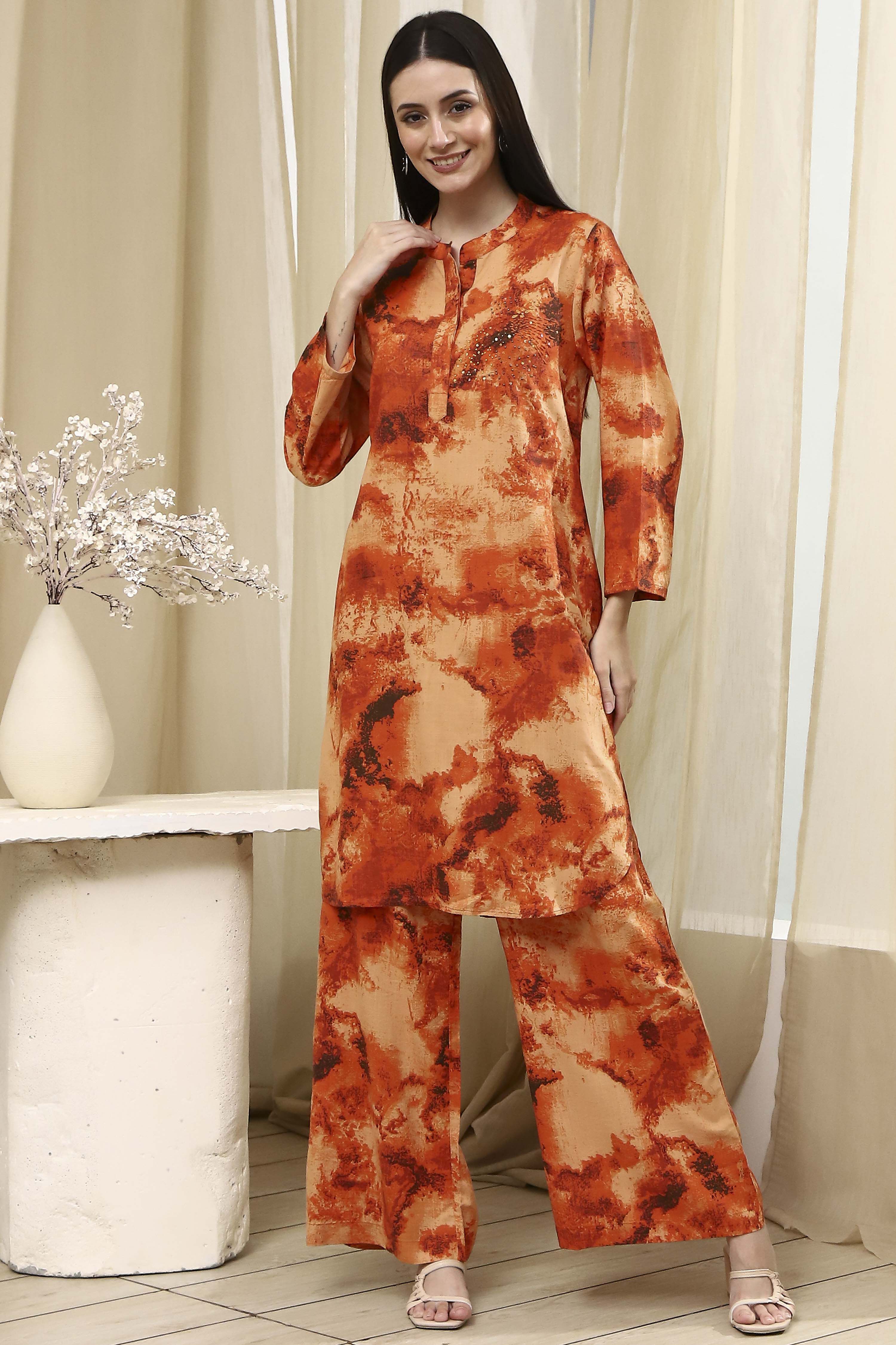 Orange Printed Straight Co-ord Set image number 6