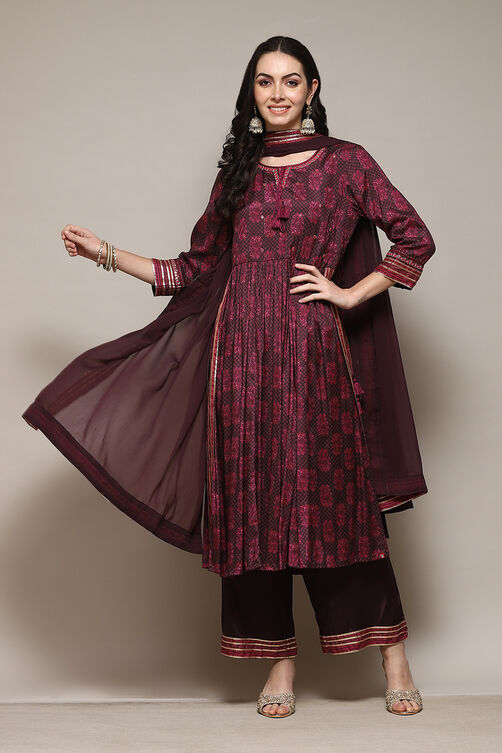 Buy Wine Viscose Gathered Kurta Palazzo Suit Set (Kurta, Palazzo ...