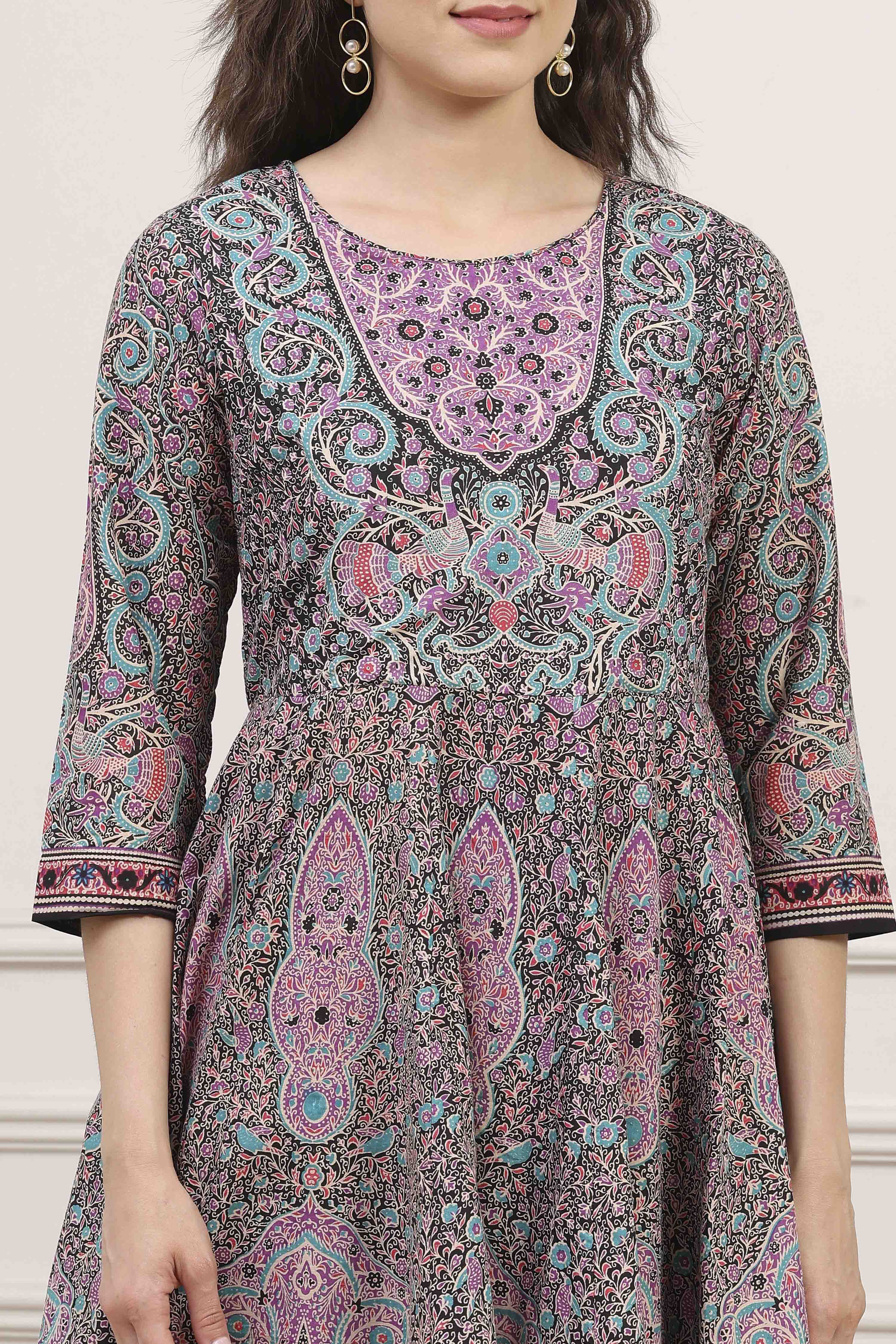 Purple Cotton Printed Anarkali Suit Set image number 1