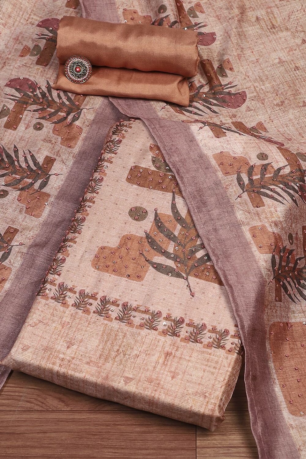 Peach Silk Blend Printed  Embroidered Unstitched Suit Set image number 0