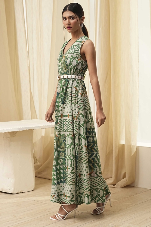 Green Cotton Printed Flared Jumpsuit image number 2