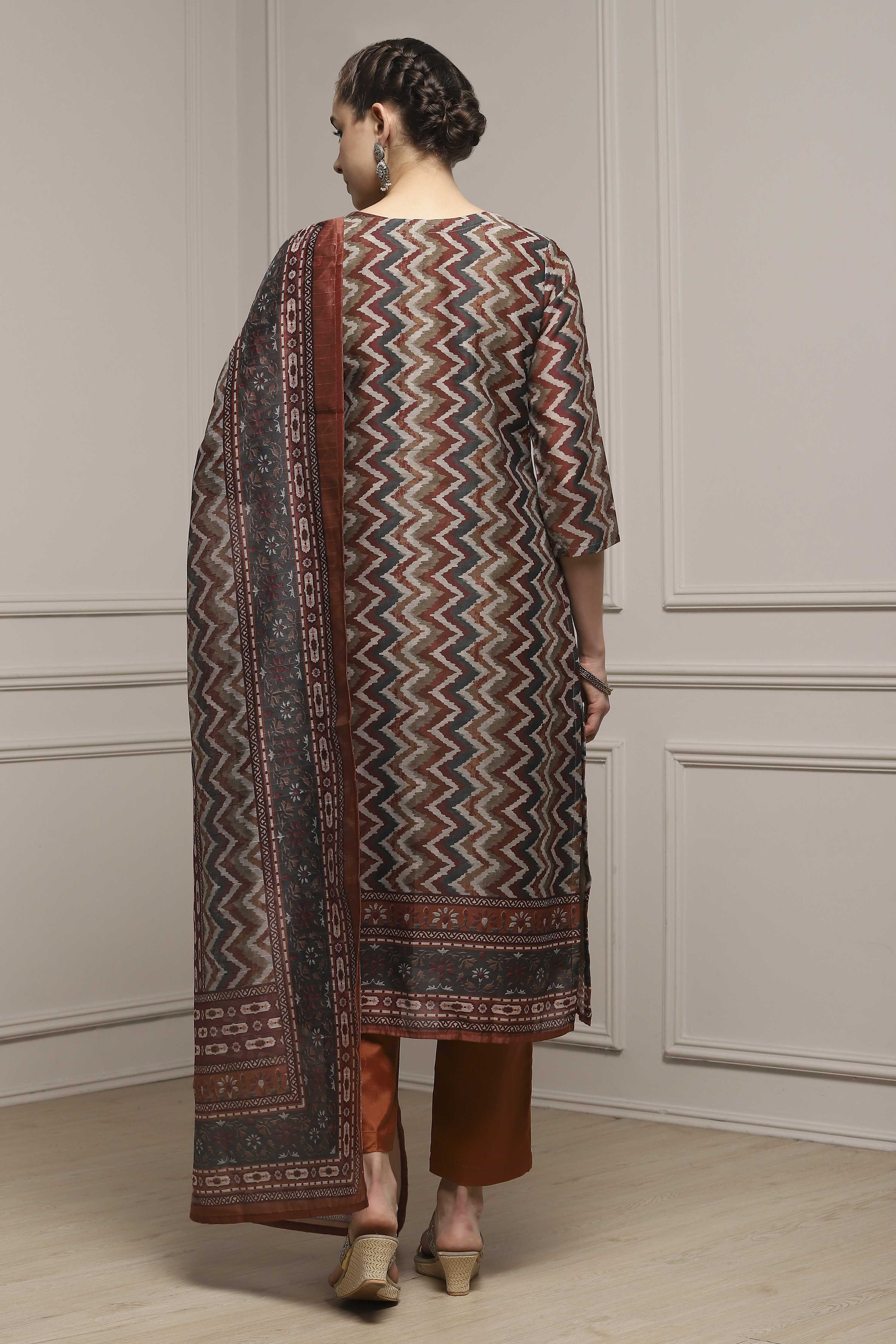 Orange Chanderi Blend Printed Embroidered Unstitched Suit Set image number 5