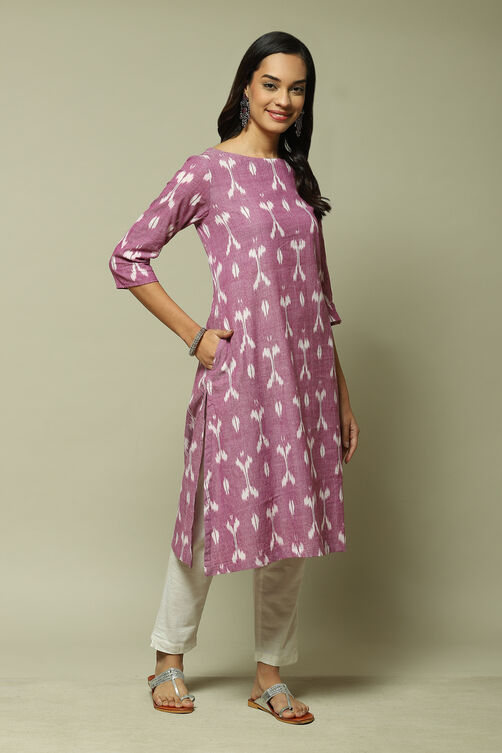 Off-White & Purple Cotton IKAT Flared Yarndyed Kurta image number 2