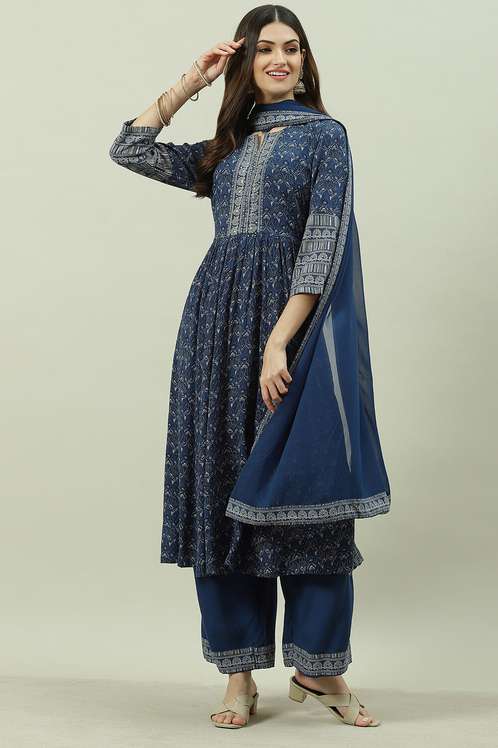 Blue Rayon A-Line Kurta Palazzo Suit Set image number 8
