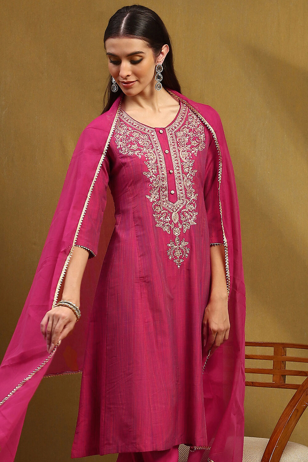 Pink Cotton Embroidered Kalidar Suit Set image number 0