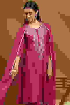 Pink Cotton Embroidered Kalidar Suit Set image number 0