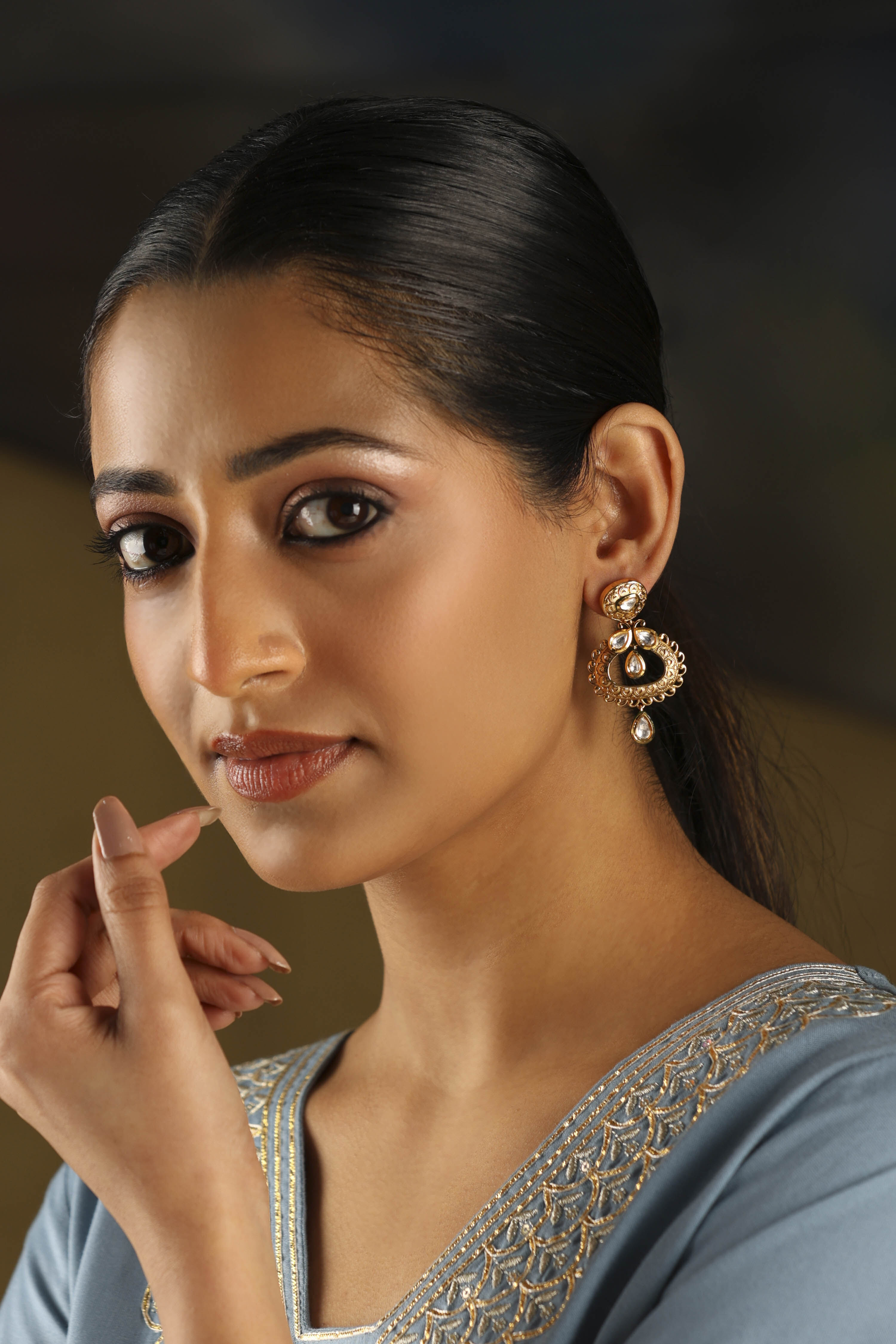 Gold Plated Brass Studded Drop Earrings image number 3