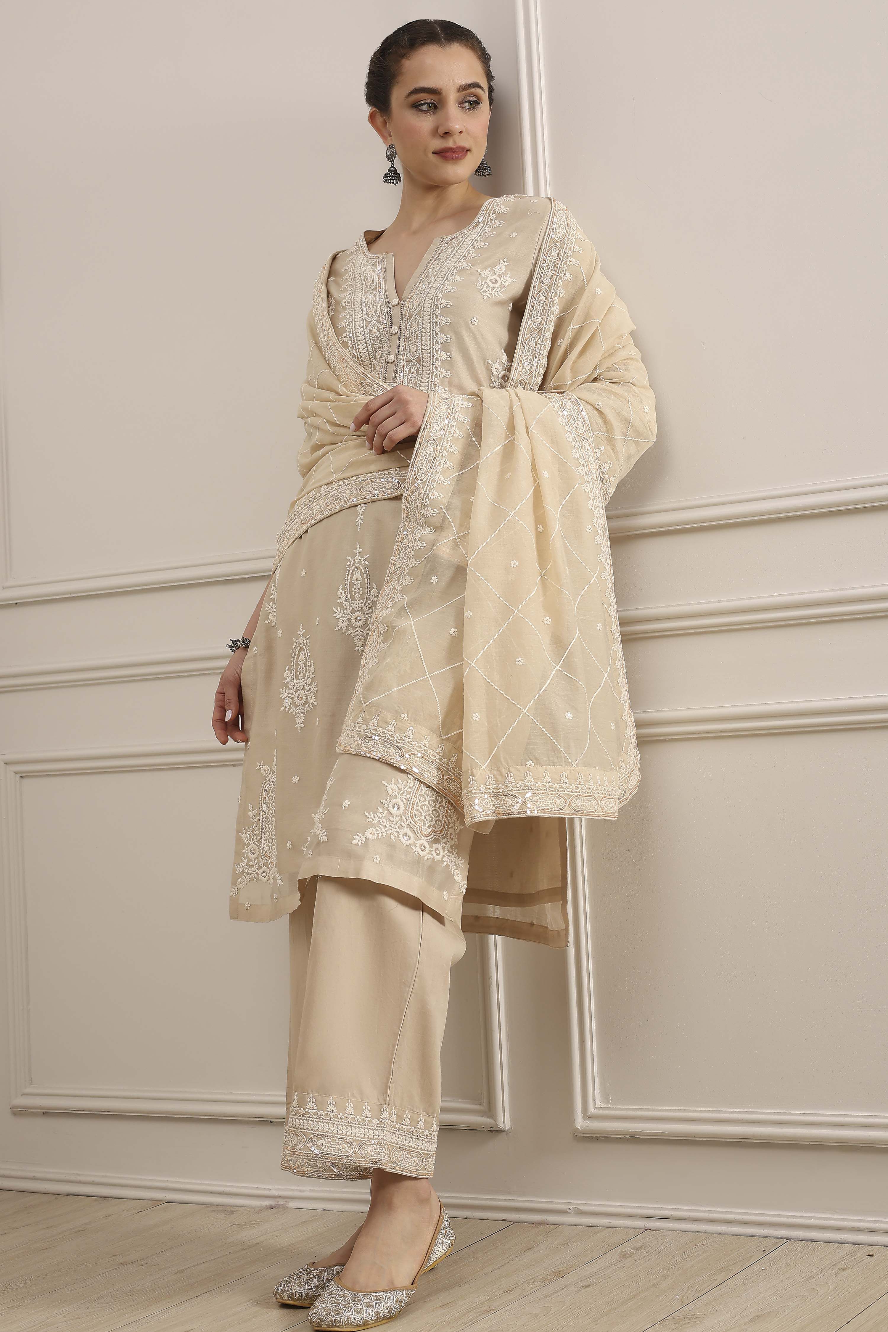 Natural White Chanderi Embroidered Straight Suit Set image number 0